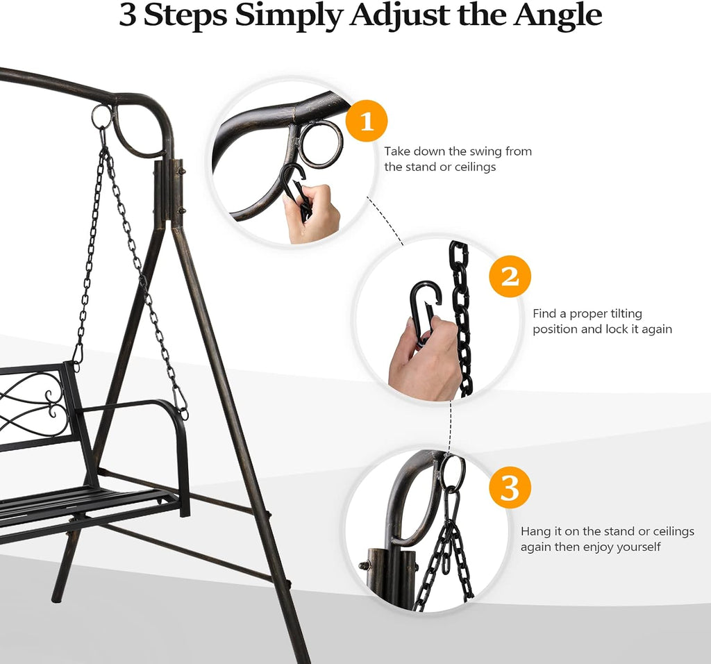 VINGLI Upgraded Metal Patio Porch Swing, 660 LBS Weight Capacity Steel Porch Swing Chair for Outdoors, Heavy Duty Swing Chair, Bench Swing for Gardens & Yards (Black)