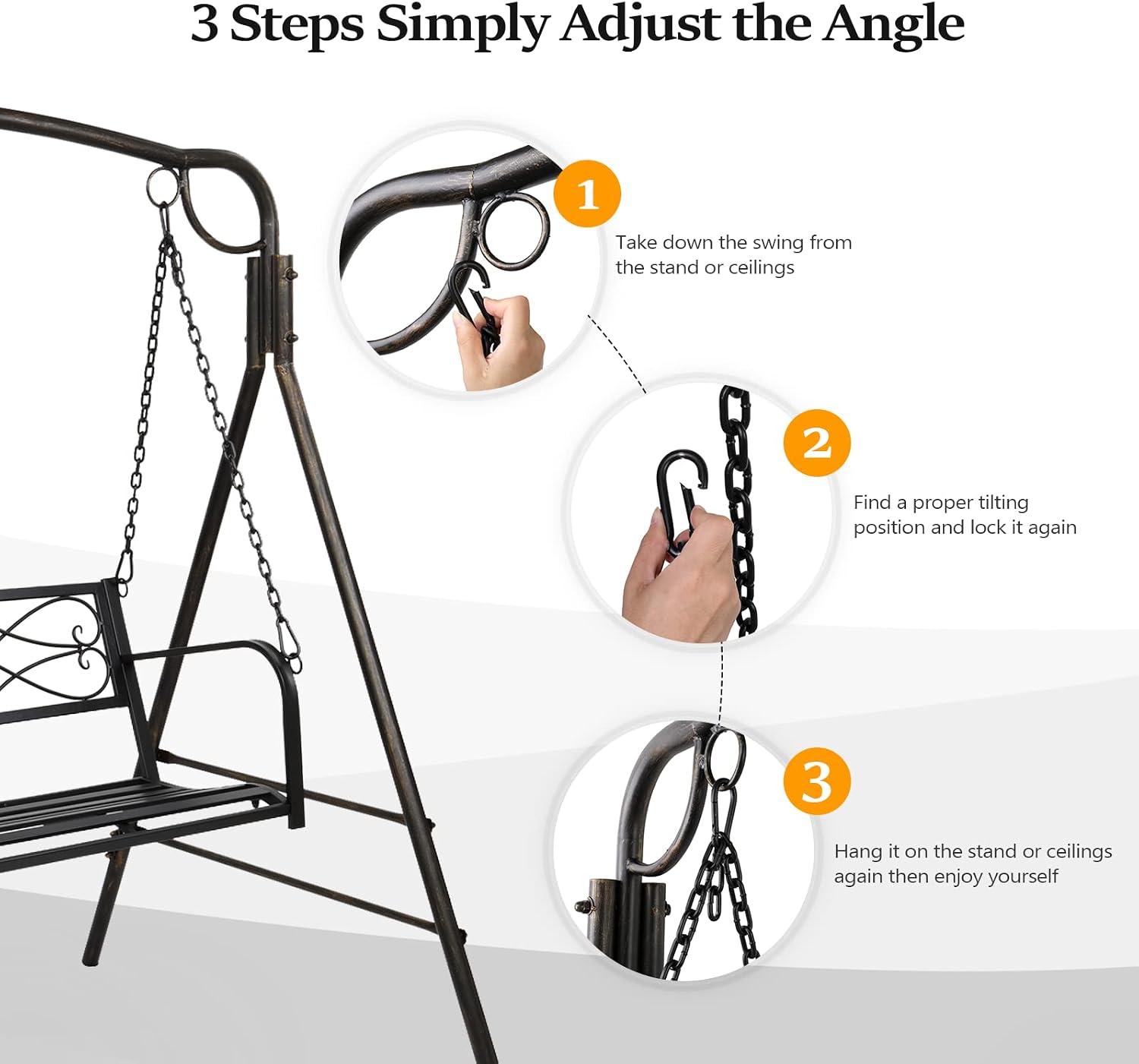 VINGLI Upgraded Metal Patio Porch Swing, 660 LBS Weight Capacity Steel Porch Swing Chair for Outdoors, Heavy Duty Swing Chair, Bench Swing for Gardens & Yards (Black)