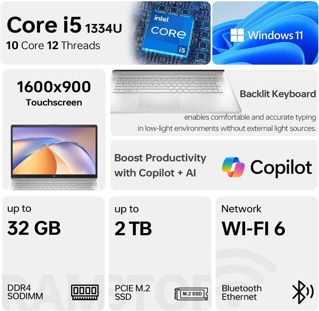 HP Essential 2026 Business Laptop, 17.3' Touchscreen, Intel Core i5-1334U Processor, 32GB RAM, 2TB SSD, Wi-Fi 6, W11 Pro, Webcam, Next gen AI, Backlit KB, Bundle with PCO Laptop Cooler