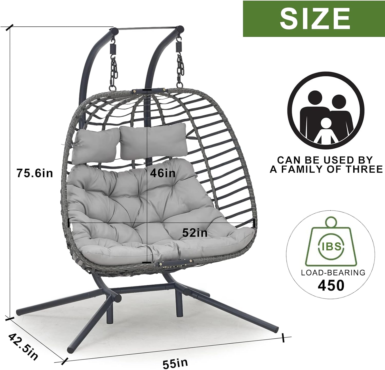Indoor Outdoor Patio Wicker Hanging Chair Swing Chair Patio Egg Chair UV Resistant Cushion Aluminum Frame (Light Grey with 2 seat)