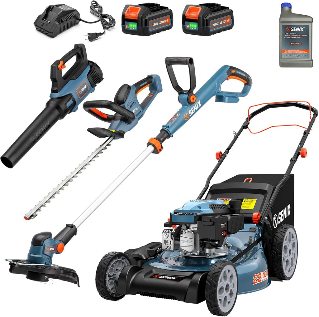SENIX 22' Self-Propelled Gas Lawn Mower | X2 20V String Trimmer, Leaf Blower, and Hedge Trimmer [4-Piece Set], Includes 2 Batteries & Battery Charger
