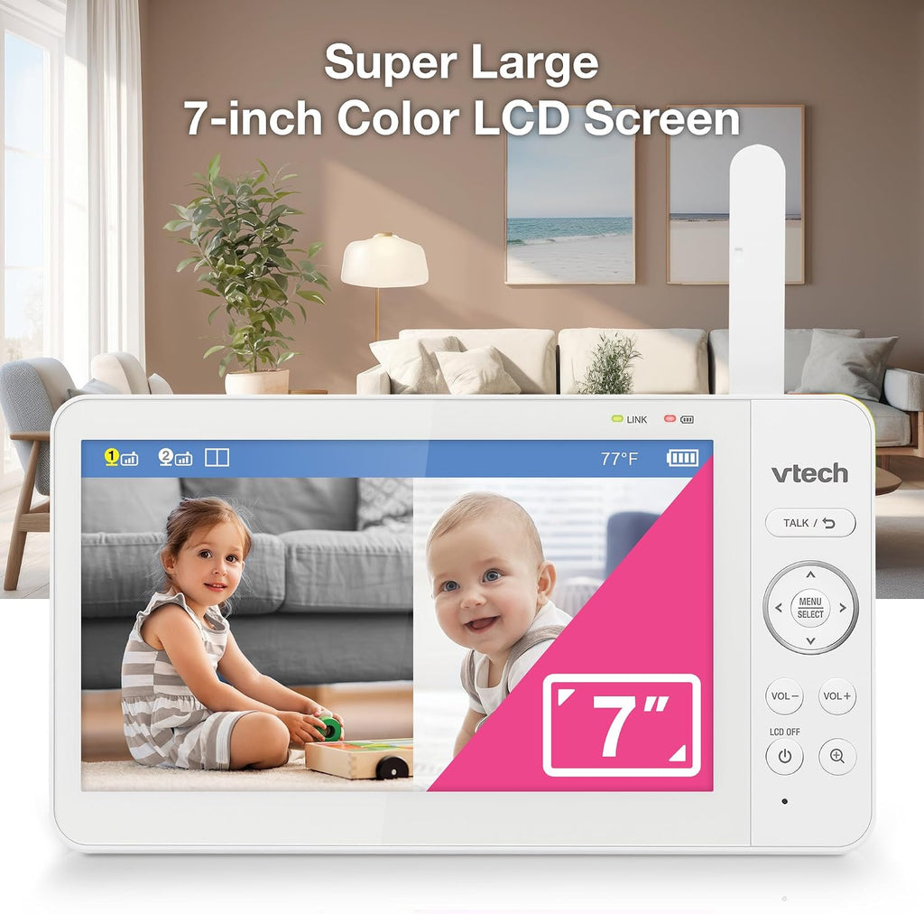 VTech 2-Cameras Video Baby Monitor with 7' Color LCD Screen, Rechargeable Battery, Video and Audio Streaming, Pan-Tilt-Zoom, Touch Multi-Color Night Light, Two-Way Talk: Advanced Max Twin (Tan)