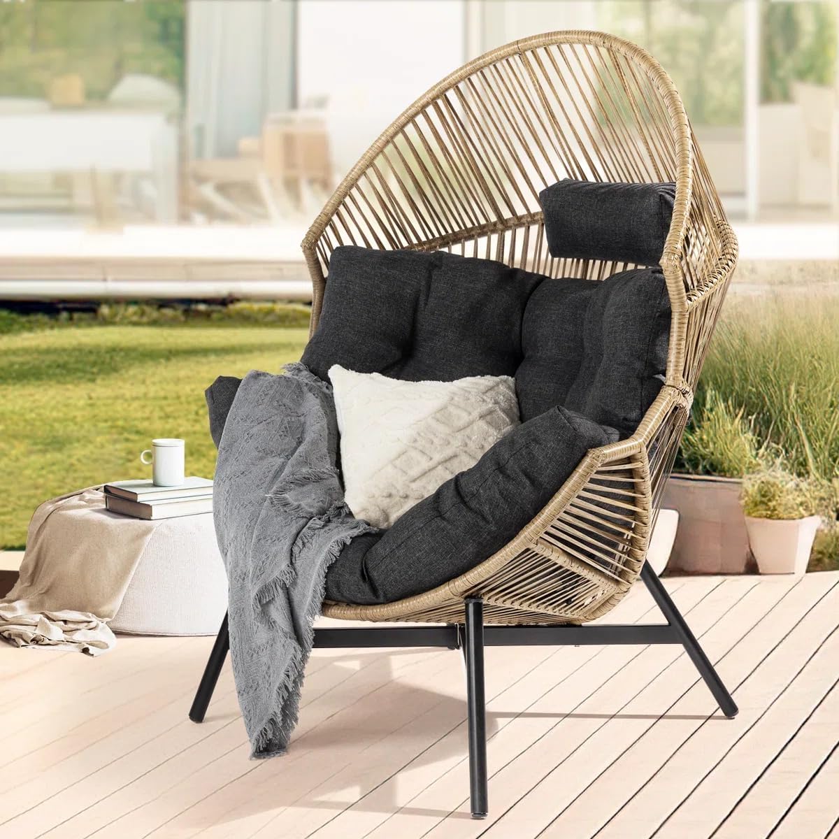 Bme Heavy Duty 500 Lbs Capacity Wicker Egg Chair for Outside & Indoor, UV 2000 Hours Material with Flame Retardant Tested Cushion, Durable Against Water, Weather, Black Base