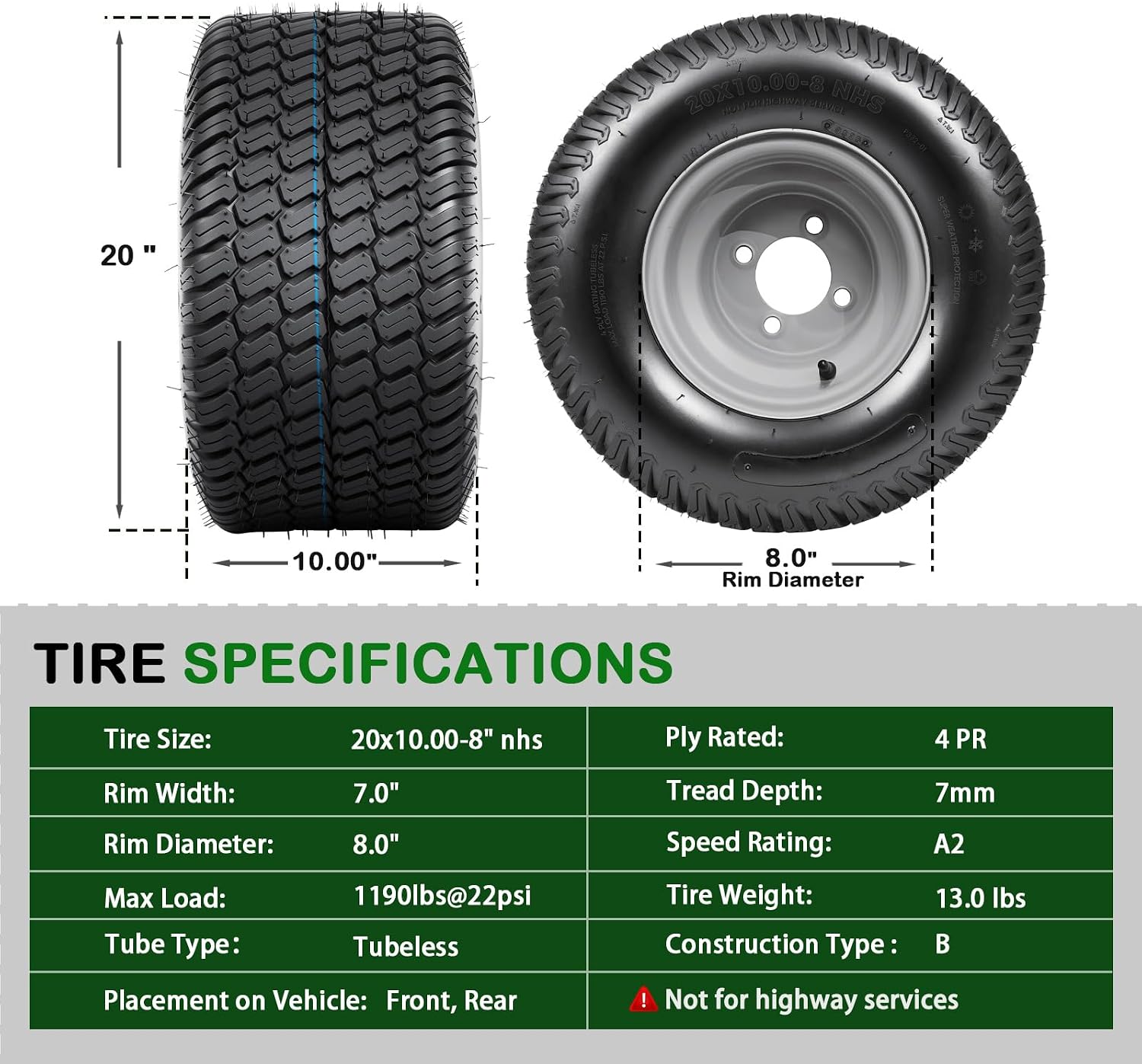 TRIPOWER 20x10.00-8 Lawn Mower Tire and Wheel Assembly, Set of 2, 20x10x8 4PR 1190 lbs Capacity Tubeless Turf Tires with Gray 4-Lug Rim, 4' PCD, for Riding Mowers