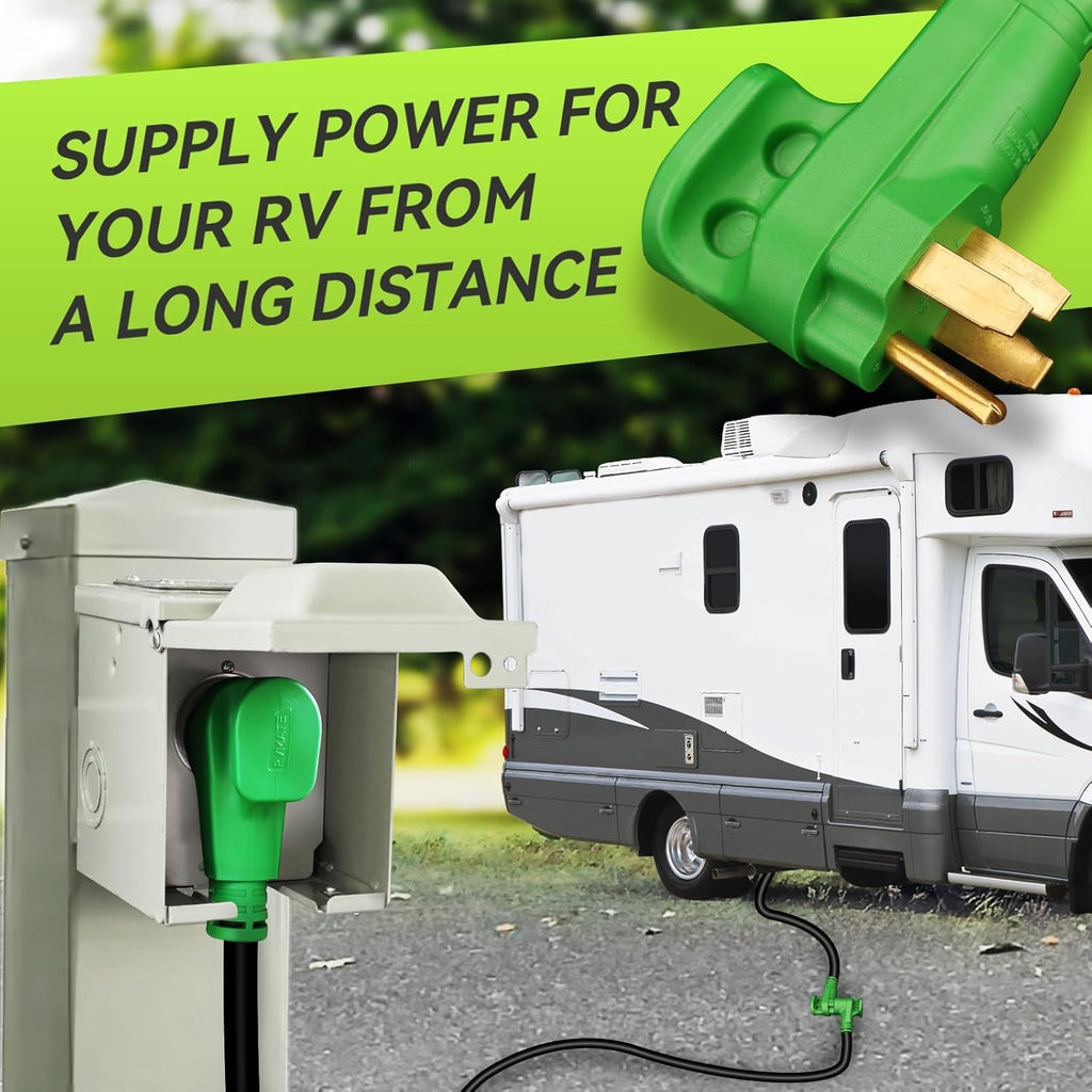 RVMATE 50 Amp 75 Feet RV/Generator Lockable Power Extension Cord, Easy Plug in Handle, 14-50P to SS 2-50R with LED Indicator, ETL Listed