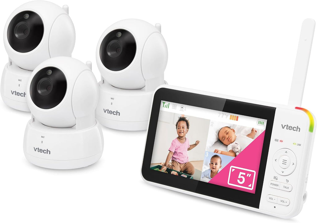 VTech VM924-3 5' Pan Tilt Zoom Video Baby Monitor with 3 Cameras – No WiFi, 17Hr Battery, 1000ft Range, Night Vision & Lullabies – Ideal for New Parents