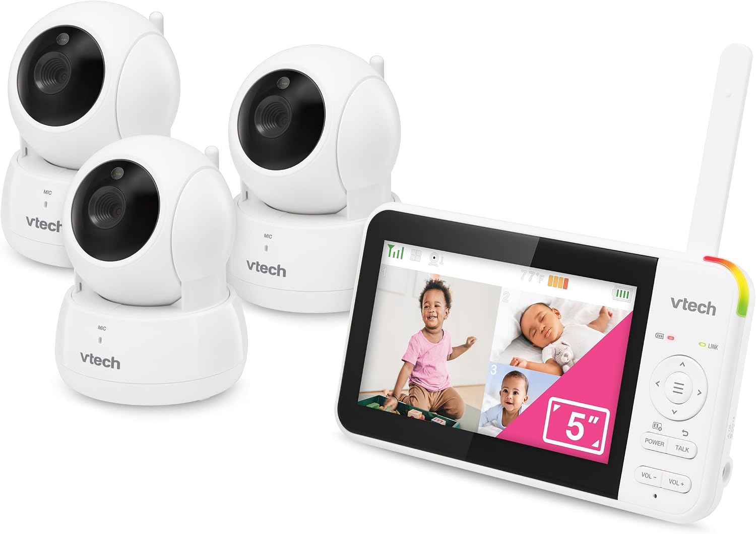 VTech VM924-3 5' Pan Tilt Zoom Video Baby Monitor with 3 Cameras – No WiFi, 17Hr Battery, 1000ft Range, Night Vision & Lullabies – Ideal for New Parents