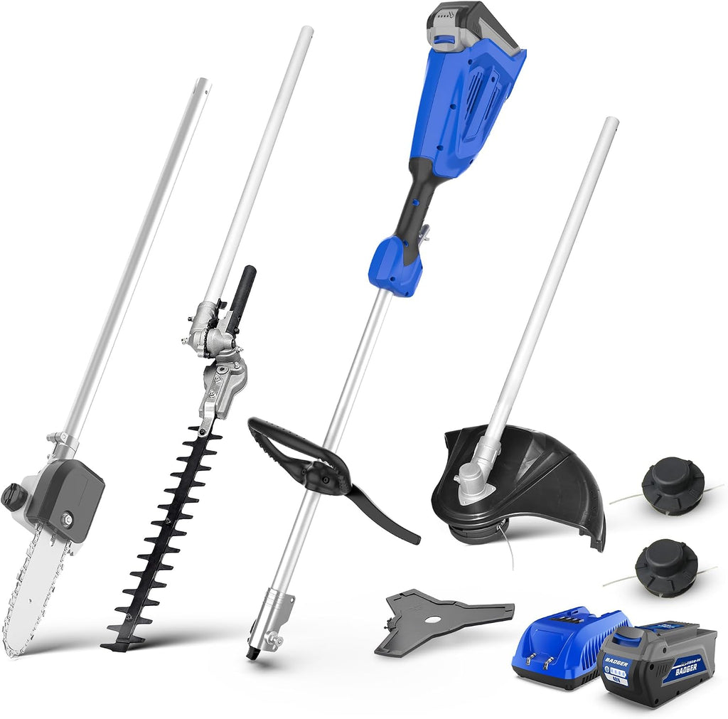 Wild Badger Power 40V Brushless Weed Wacker, String Trimmer/Edger, Hedge Trimmer and Brush Cutter Blade, Pole Saw, Attachment Capable 4-in-1 Multi-Tool Kit with 1 * 40V 4Ah Battery and 1*Charger