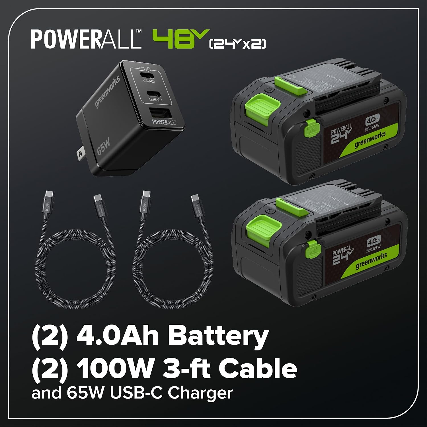 Greenworks 48V (24V x 2) 17' Brushless Push Mower + 270 CFM/130MPH Blower + 12' String Trimmer Combo with (2) 4.0Ah Batteries, 65W Type-C Charger & (2) 3-ft Cables