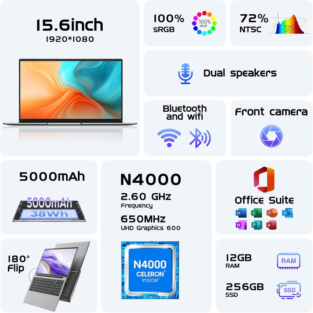 Laptop Computer 15.6' Laptops with 12GB RAM 256GB SSD,Office Suite, 100% sRGB Screen, N4000 Processor, Notebook, Dual Band WiFi5, BT4.2, USB-A, HDMI,FHD 1920 * 1080 Display,Silver