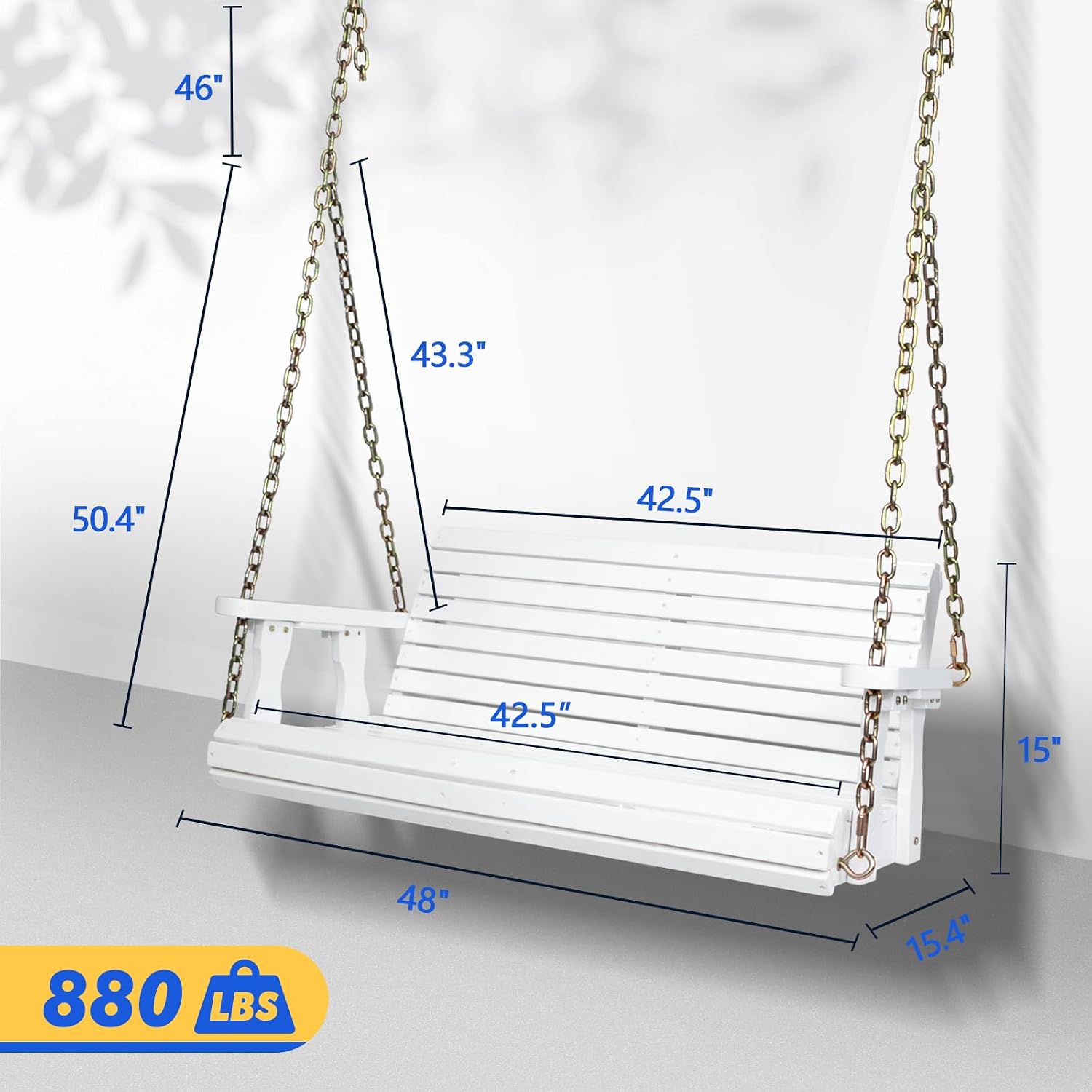 VINGLI Upgraded Patio Wooden Porch Swing for Courtyard & Garden, Heavy Duty 880 LBS Swing Chair Bench with Hanging Chains for Outdoors (White, 4 FT)