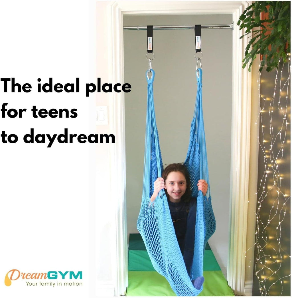DreamGYM Doorway Hammock Swing - Hammock Chair with Stand in Door Frame- Sensory Swing for Adults and Children - Sky Blue