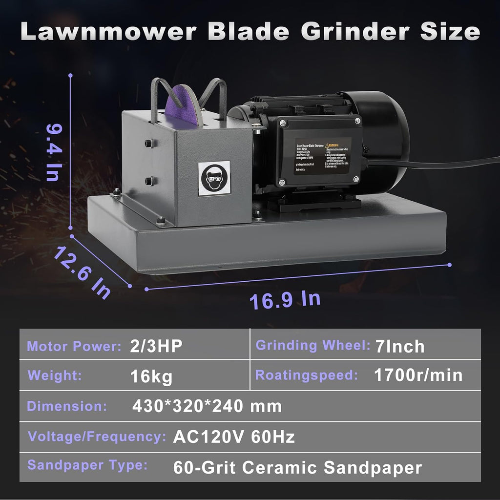 Lawn Mower Blade Sharpener, 2/3HP 500W Mower Grinder with 7 Inch Ceramic Grinding Wheel and 1 Pair 60 Grit Sandpaper & 40° Bracket for High/Low Lift, Gator & Flat Blades Sharpen
