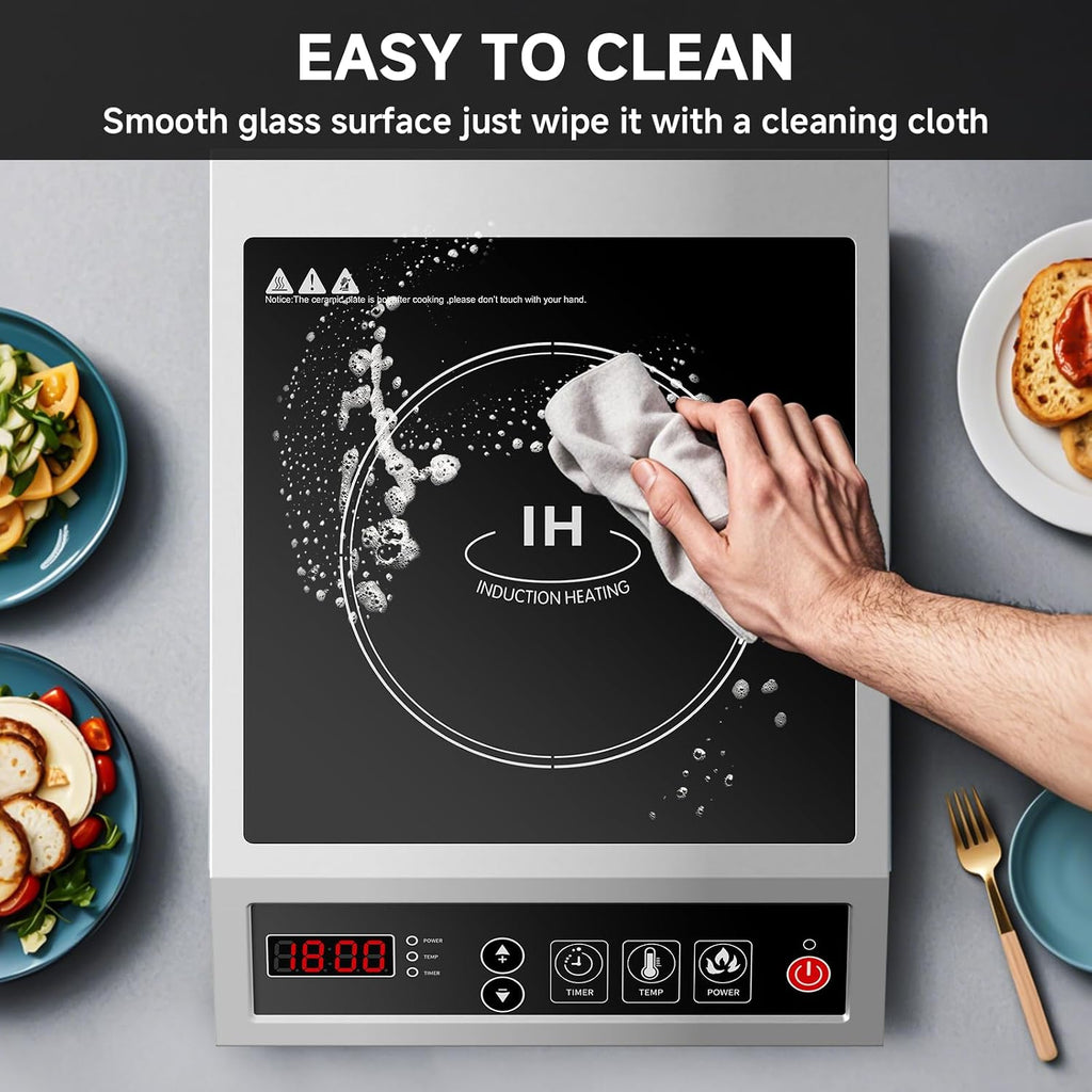 Induction Cooktop Commercial 1800W, Portable Countertop Burner with 8' Fast Heating Coil, 11 Temp/Power Levels, 24H Timer Stainless Steel Electric Stove for for RV Home Kitchen