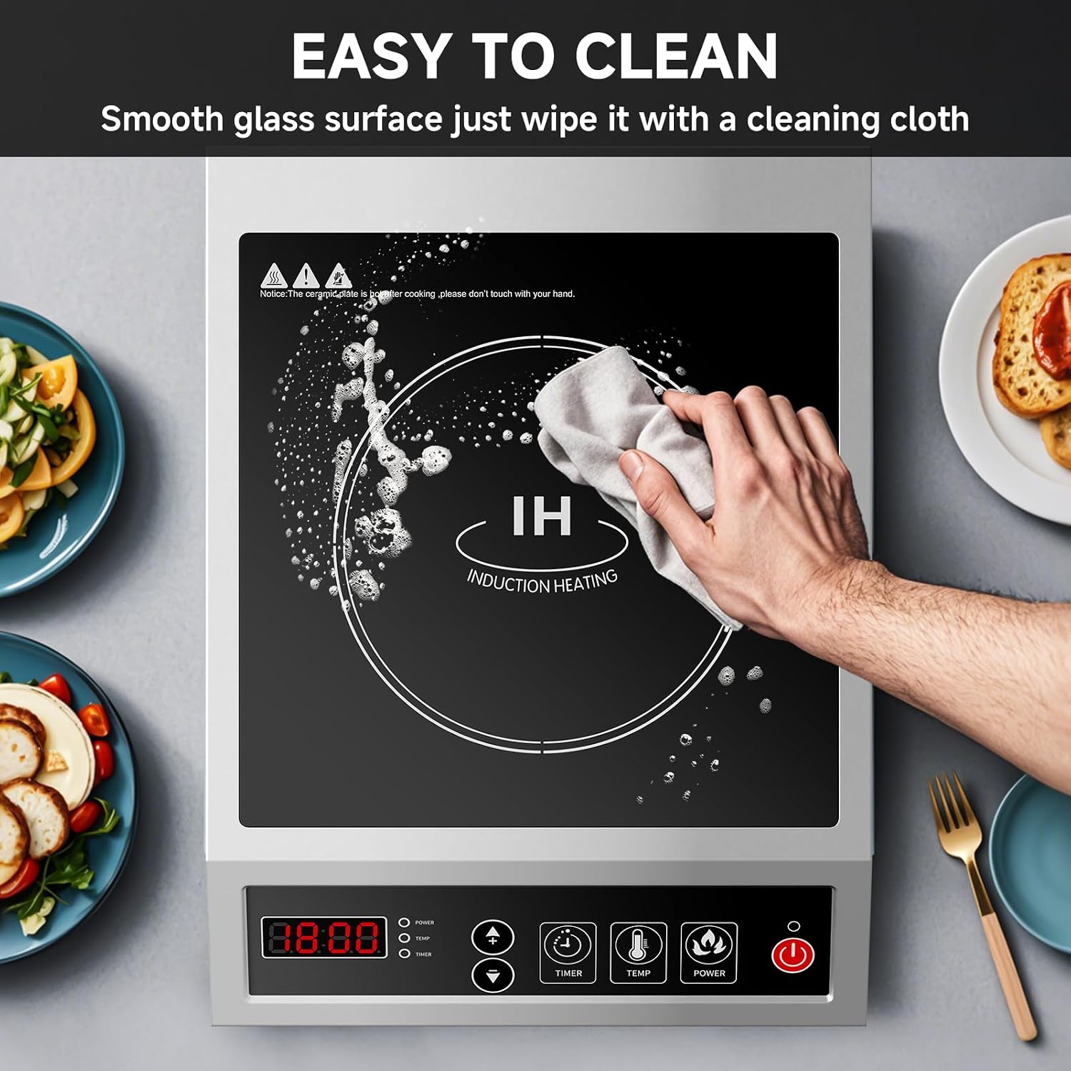 Induction Cooktop Commercial 1800W, Portable Countertop Burner with 8' Fast Heating Coil, 11 Temp/Power Levels, 24H Timer Stainless Steel Electric Stove for for RV Home Kitchen