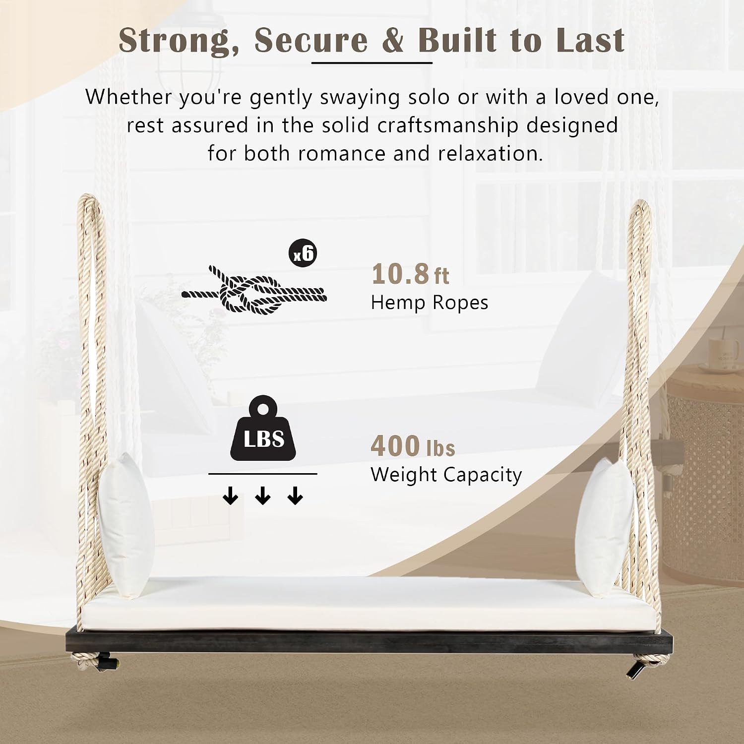 YOPTO Acacia Wood Porch Swing Bench with Cushion & Pillows, 63' Outdoor Hanging Bench for 2 Adults, Rustic Heavy Duty 10.8ft Ropes Swing Daybed for Patio Backyard Garden, White