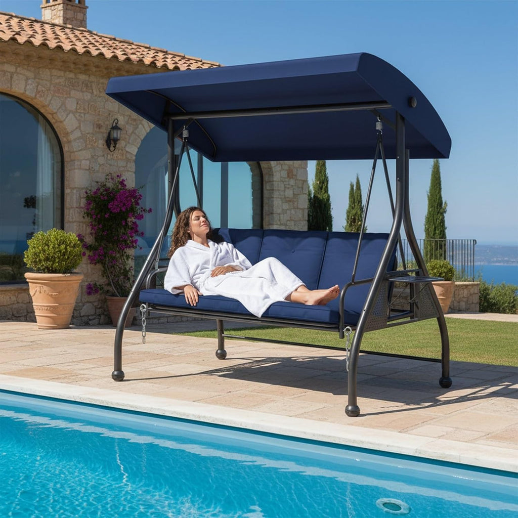 3 Seat Outdoor Porch Swing Chair with Adjustable Canopy, Patio Glider Swing Bed with Removable Cushion & Foldable Side Tray for Garden Backyard Deck Blue