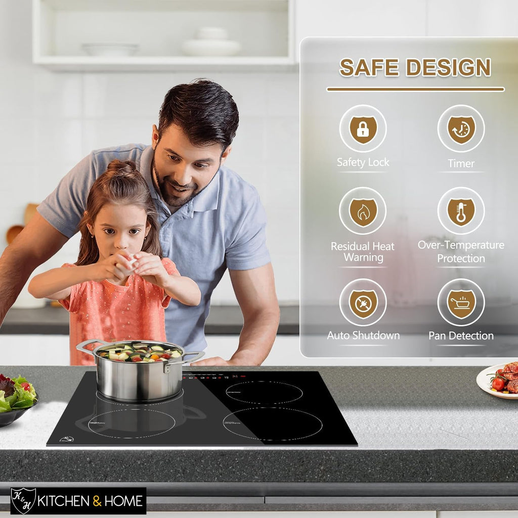 K&H 4 Burner Induction Cooktop - 24 Inch Built-In Electric Cermic Stove Top - 17 Heating Levels, 240V, 6000W High-Power Built-in Electric Stove Top - Child Lock, Timer & Touch Control - IN24-6004