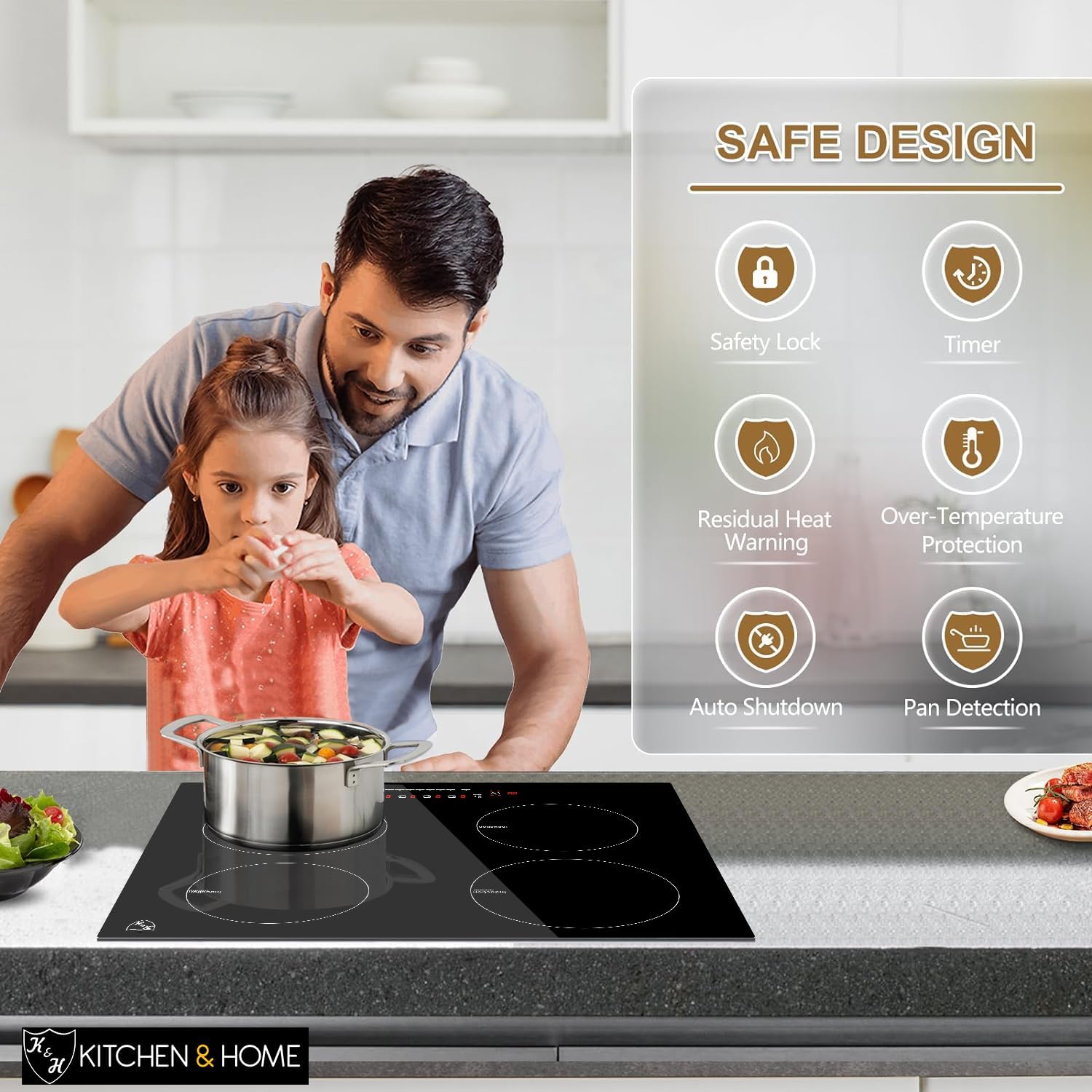 K&H 4 Burner Induction Cooktop - 24 Inch Built-In Electric Cermic Stove Top - 17 Heating Levels, 240V, 6000W High-Power Built-in Electric Stove Top - Child Lock, Timer & Touch Control - IN24-6004