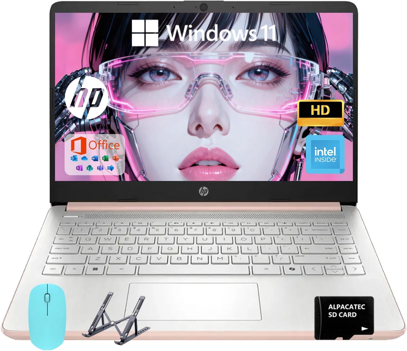 HP 14 Elite Laptop, 16GB RAM, 1.12TB Total Storage (64GB+64GB MSD+1TB Cloud), Rose Gold Pink, Office 365, Intel Multi-Core, Win11, Copilot AI, 11Hr Battery, Alpacatec Mouse