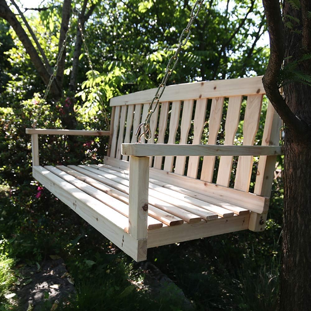 Garden Bench Seat 48-inch Wooden Porch Swing Bench with Metal Chain, with armrests and backrest Solid Wood Leisure Rocking Chair Swing Hanging Chair, Anticorrosive Hanging Bench for Outdoor