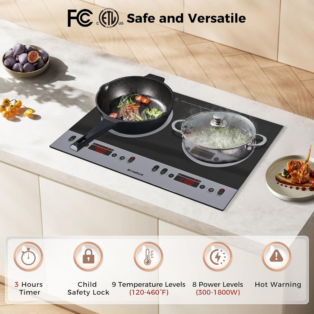 CAMPLUX RV Induction Cooktop 2 Burners 1800W, Electric Cooktop 120V Plug in, Portable Induction Stove with Sensor Touch, Timer, Safety Lock, Countertop/Built-in for RV, Mini Kitchen or Apartments