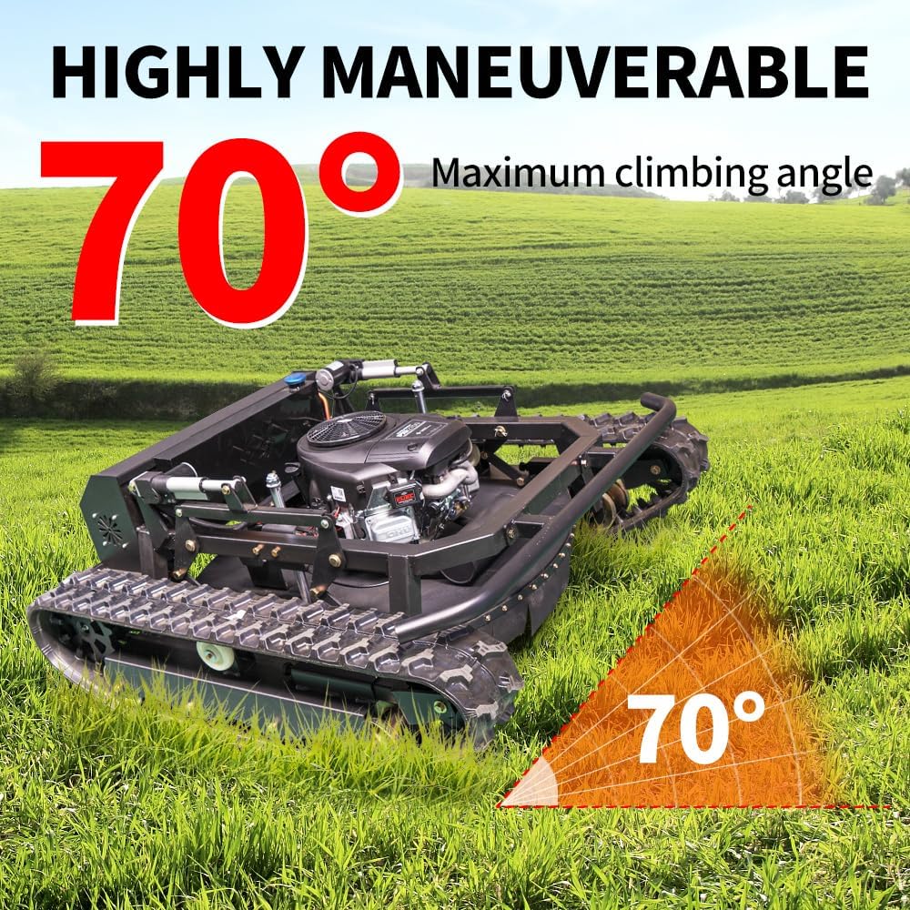 Remote-Controlled Tracked Robotic Lawnmower, Equipped with a 27hp High-Power Twin-Cylinder Engine and 48V Brushless Motor, All-Terrain Lawnmower, Climbing 65° Slope, Mowing Width 35.43 Inches