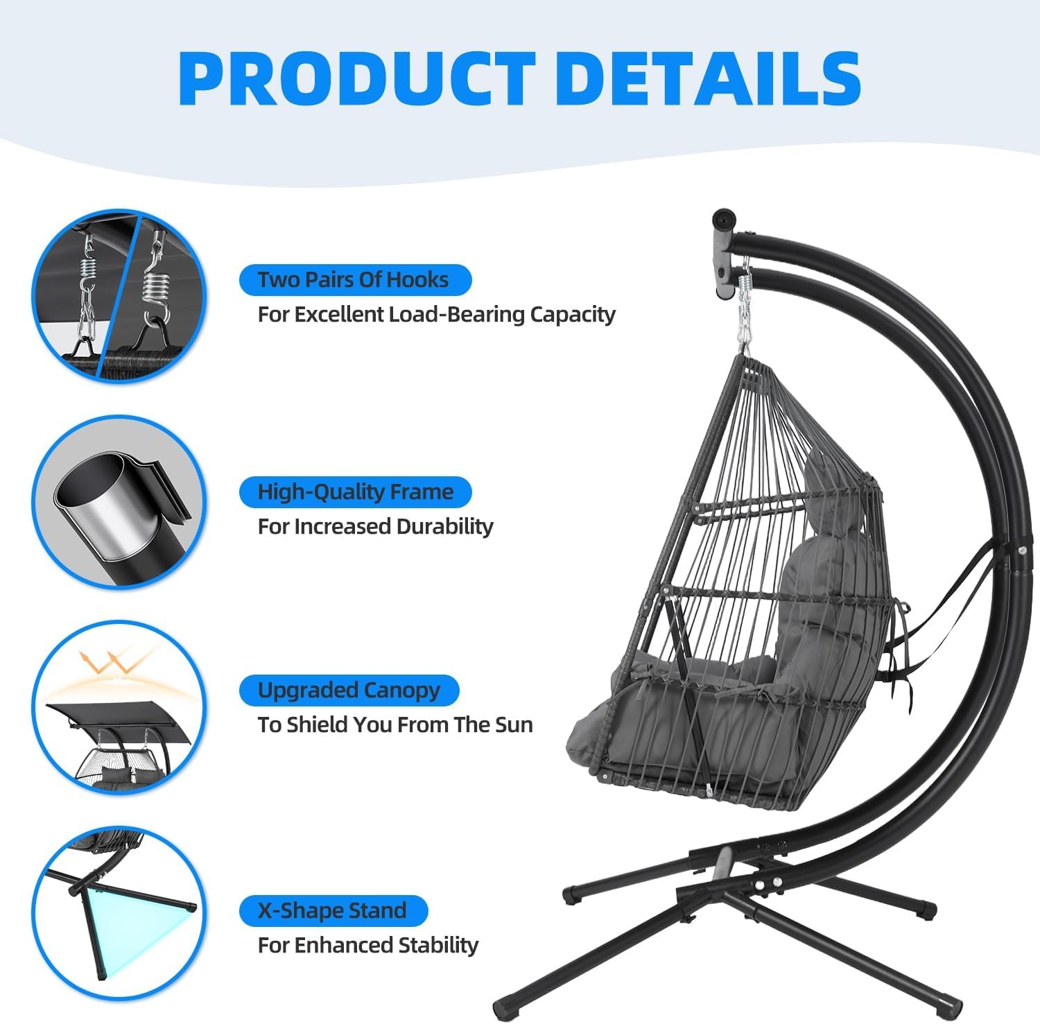 YOLENY Oversized Hanging Swing Chair with Adjustable Canopy, Double Egg Chair, Hammock Chair with Cushion Basket Hammock Nest Chair, Swinging Loveseat for Outdoor Patio, Balcony, Garden