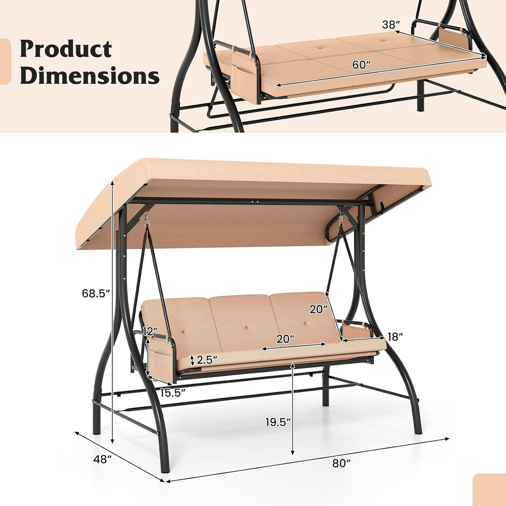Tangkula 3 Person Porch Swing, 2-in-1 Convertible Outdoor Swing with Adjustable Canopy, Removable Cushions, Metal Frame, Side Pockets for Backyard, Garden, Porch (Beige)