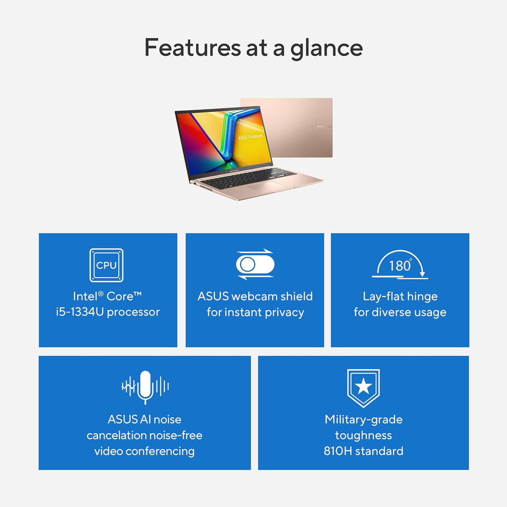 ASUS Vivobook 15 Laptop, 15.6' FHD Touch Display, Intel Core i5-1334U, Intel Iris Xe Graphics, 16GB Memory, 512GB SSD, Champagne, F1504VA-AB56-PK