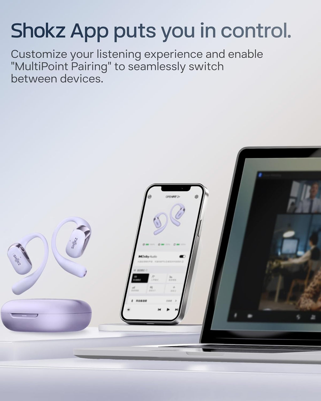 SHOKZ New OpenFit 2+ Open-Ear Headphones,Dolby Audio Enabled,Comfortable Earbuds with Soft Ear Hooks,48H Playtime,IP55 Water-Resistant,USB-C Fast Charging,Wireless Charging - Online Exclusive Purple