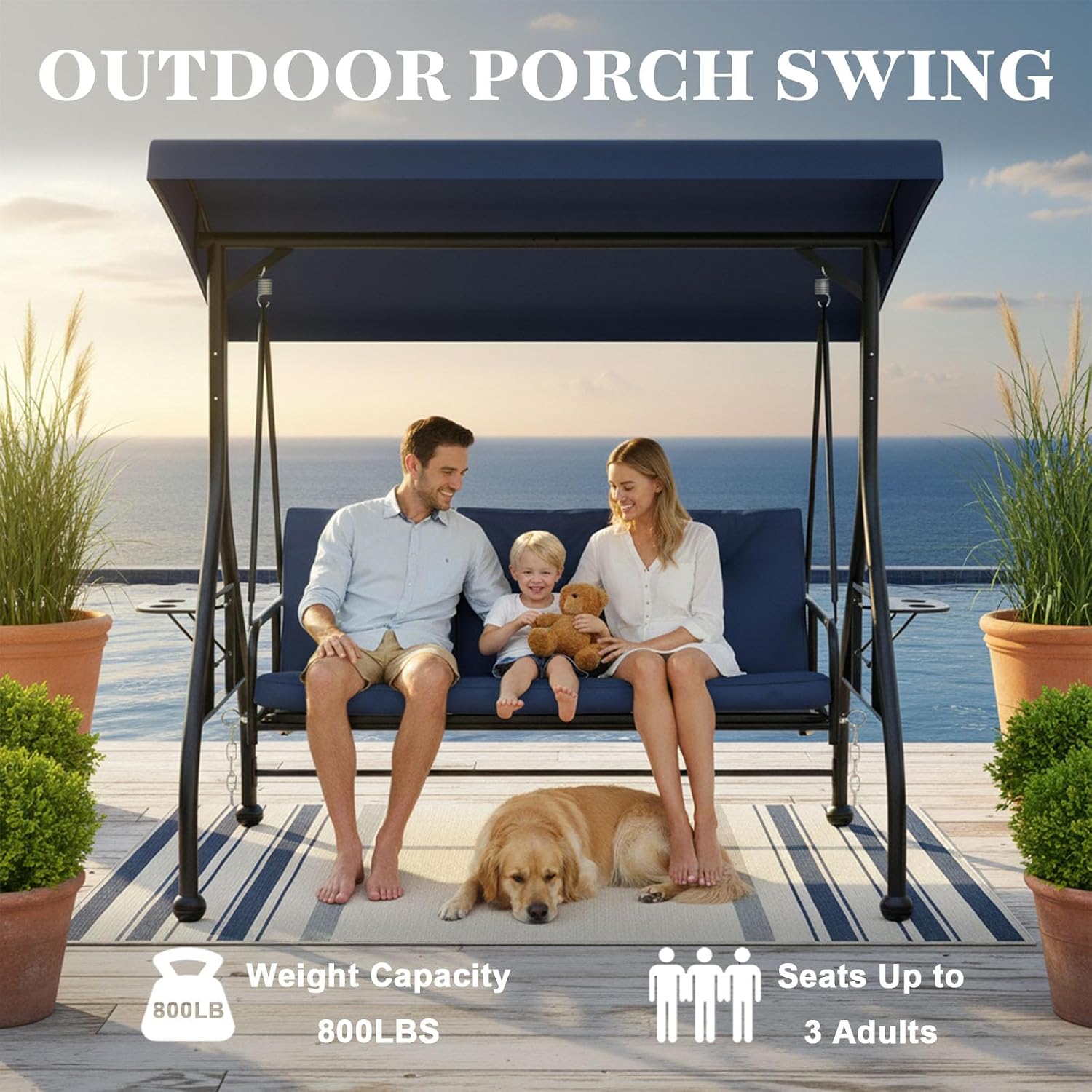 3 Seat Outdoor Porch Swing Chair with Adjustable Canopy, Patio Glider Swing Bed with Removable Cushion & Foldable Side Tray for Garden Backyard Deck Blue