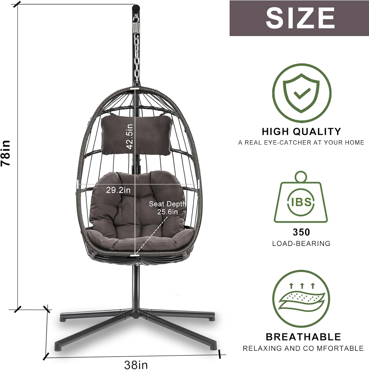 Indoor Outdoor Patio Wicker Hanging Chair Swing Chair Patio Egg Chair UV Resistant Cushion Aluminum Frame (Grey)