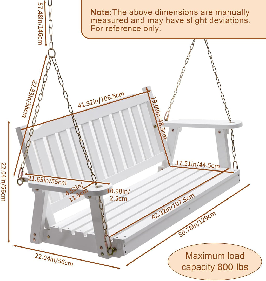 Anraja Wooden Porch Swing 2-Seater Bench Swing with Hanging Chains Heavy Duty 800 LBS for Outdoor Patio Garden Yard, Large 4 Ft, White