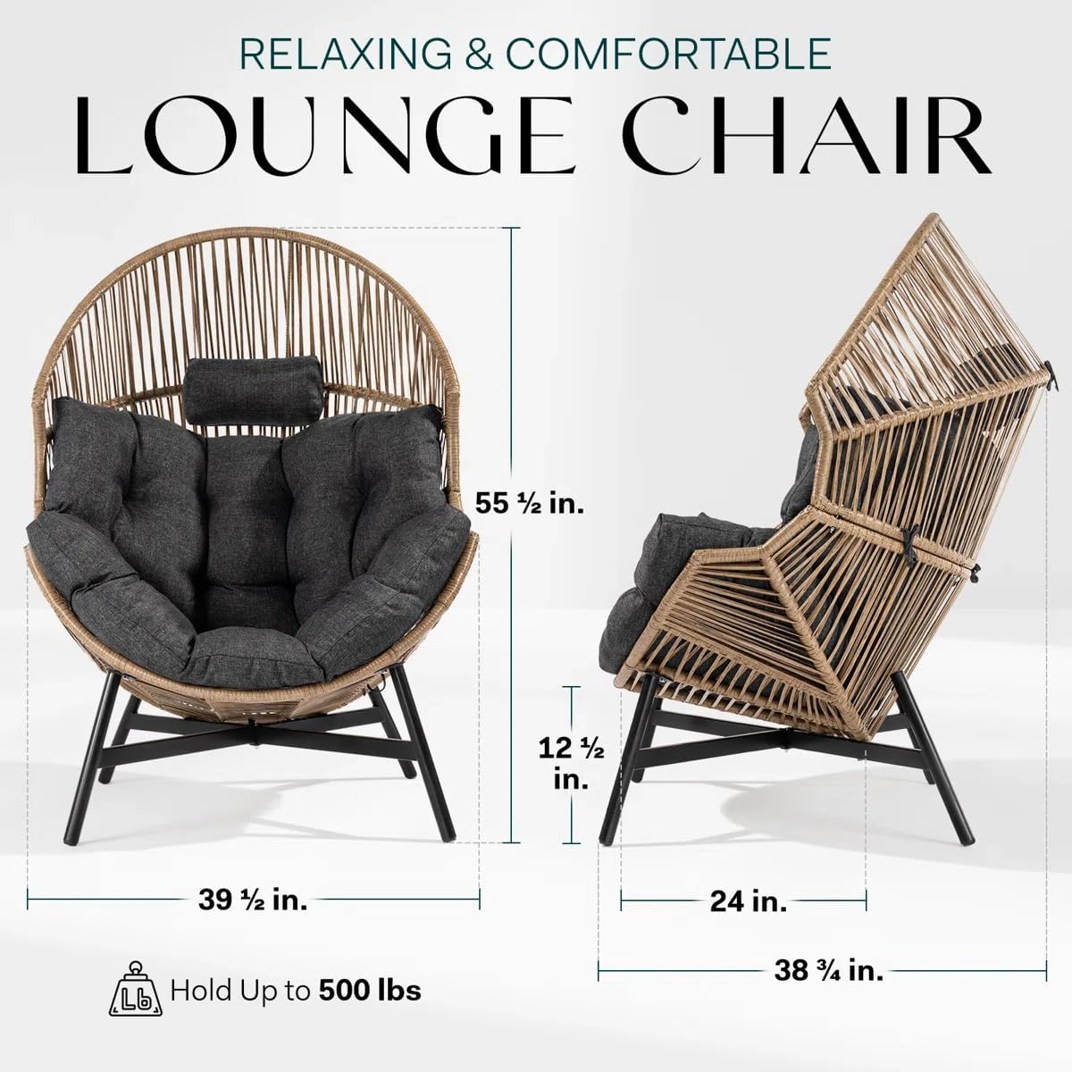 Bme Heavy Duty 500 Lbs Capacity Wicker Egg Chair for Outside & Indoor, UV 2000 Hours Material with Flame Retardant Tested Cushion, Durable Against Water, Weather, Black Base