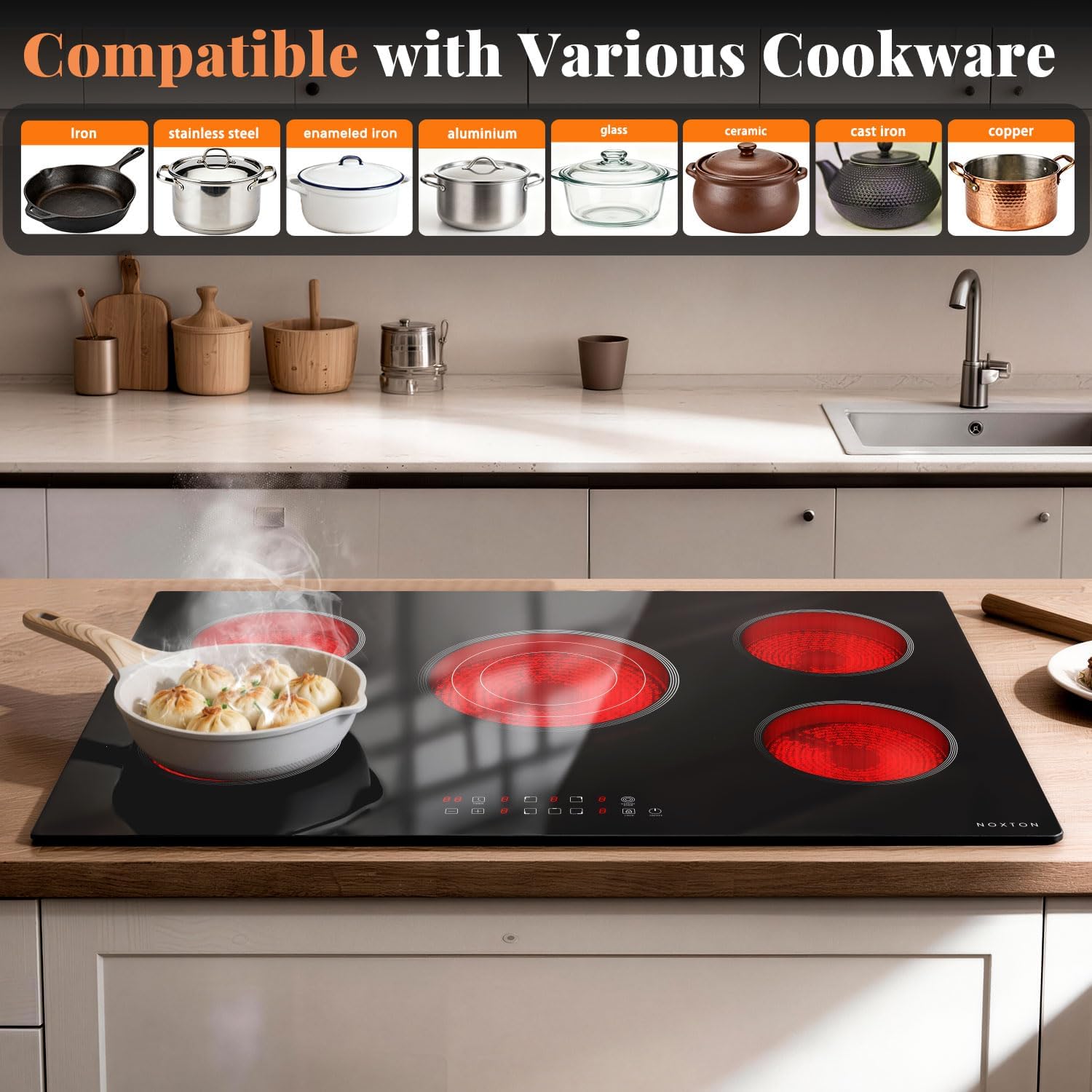 Noxton 30 Inch Electric Cooktop, 5 Burner Ceramic Cooktop with Triple Ring Expandable Burner, Built-in Radiant Electric Stove Top, 9 Power Levels, Timer, Child Safety Lock, 240V Hardwired