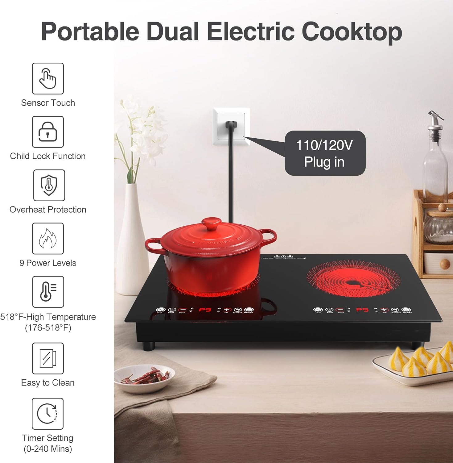 VBGK Electric cooktop,110V 24 inch 2 Burner Electric Cooktop,Built-in and Countertop Stove Top,2200W Stove,9 Power Levels, Kids Lock & Timer,LED touch control,Overheat Protection