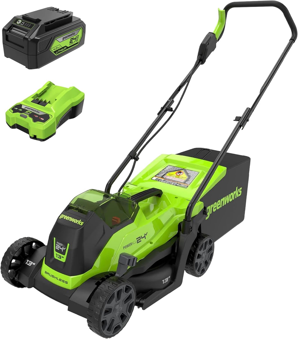Greenworks 24V 13' Brushless Cordless Lawn Mower with 4.0Ah Battery & Charger,Maintenance-Free Push Mower with 2-in-1 Mulch/Bag