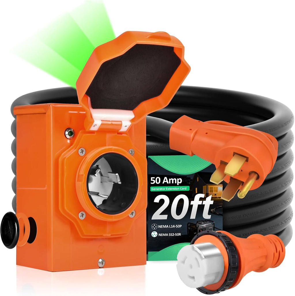 H HZXVOGEN 50 Amp Generator Cord and Power Inlet Box Kit, 20FT RV Extension Cord NEMA 14-50P/SS2-50R STW 6/3+8/1 AWG Power Cord with Pre-Drilled Generator Inlet Box Twist Lock Connector, UL&ETL Listed