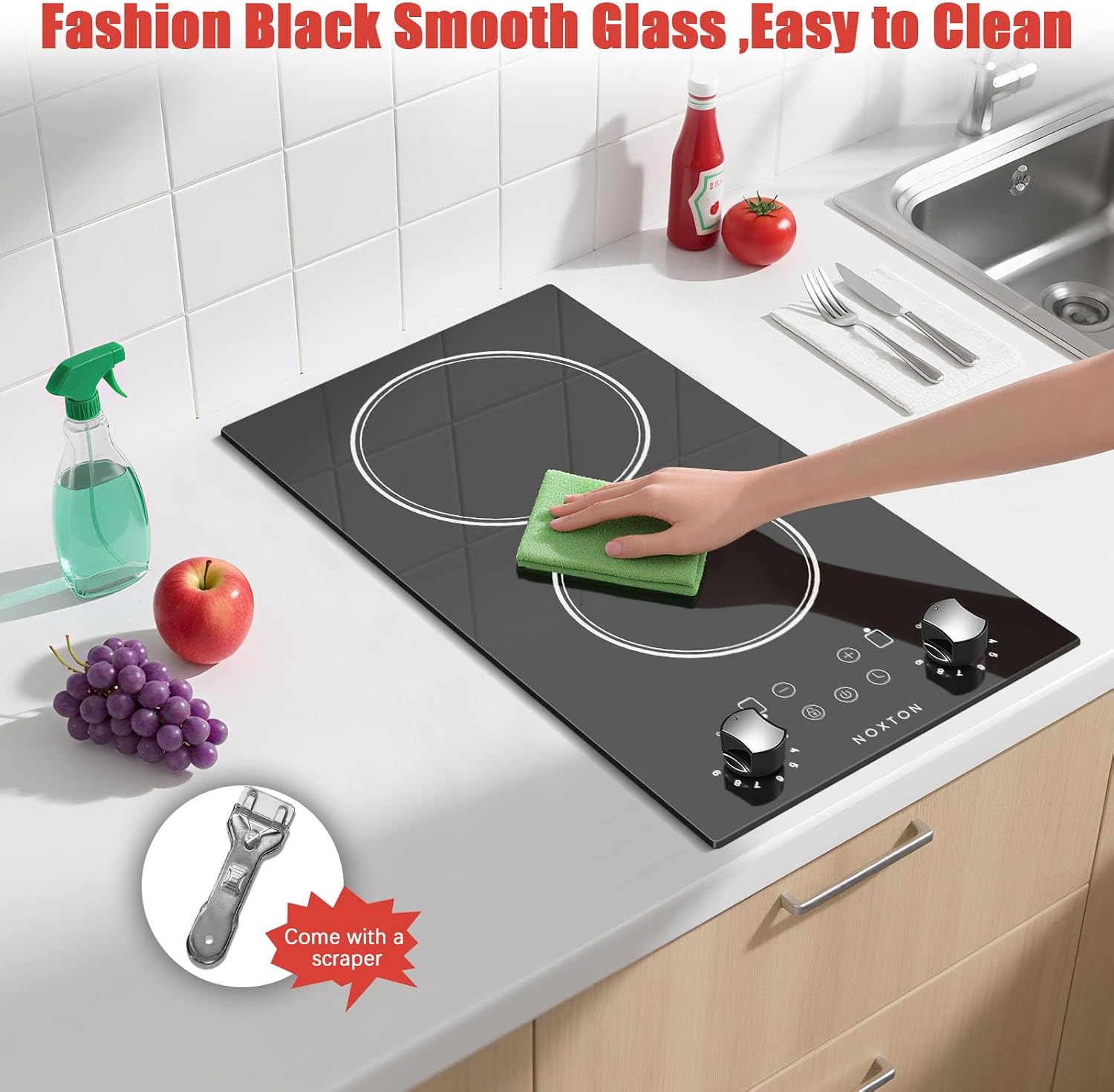 Noxton 2 Burners Electric Cooktop, 12 Inch 110V Radiant Ceramic Stove with Knob & Touch Control, 2000W Built-in or Countertop Electric Hot Plate, Timer, Child Lock, Residual Heat Indicator(YS)
