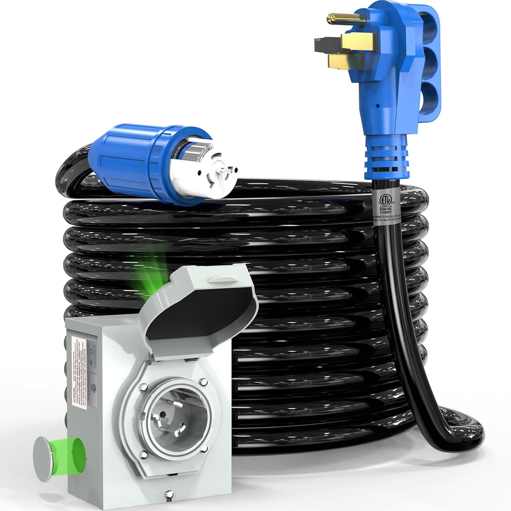 50 Amp Generator Cord and Power Inlet Box, 25FT 4 Prone RV Extension Cord, 125/250V NEMA 14-50P Male to SS2-50R Twist Locking Connector, STW 6/3+8/1 AWG, Transfer Switch for Home Generator