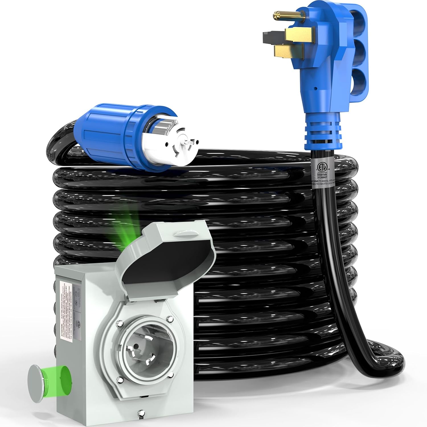 50 Amp Generator Cord and Power Inlet Box, 25FT 4 Prone RV Extension Cord, 125/250V NEMA 14-50P Male to SS2-50R Twist Locking Connector, STW 6/3+8/1 AWG, Transfer Switch for Home Generator