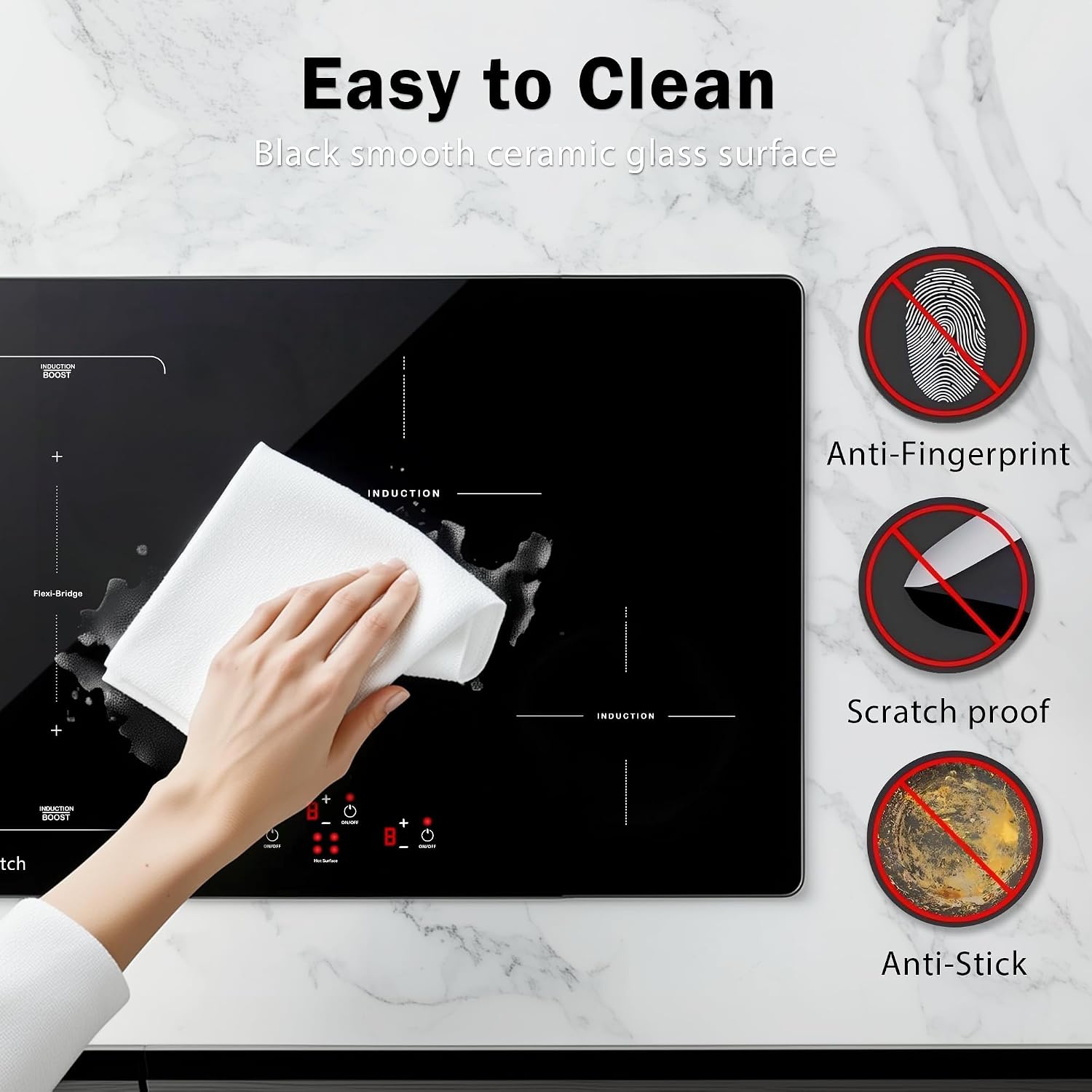 30 Inch Induction Cooktop - 4 Burner Built-In Electric Stove with Bridge-SYNC, Booster, Timer & Child Lock | 9000W 220-240V Hardwired, Black Glass Top