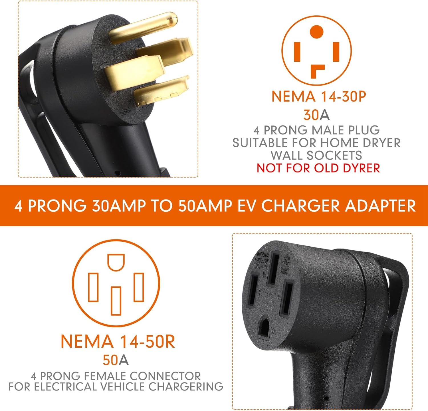 Tellegloww 25FT NEMA 10-50P to 14-50R EV Charger Adapter Cord, 50 Amp Stove Range to EV for Level 2 Charging, Only for 3 Prong Older Stove Range Outlet, STW 8 AWG/3C, ETL Listed