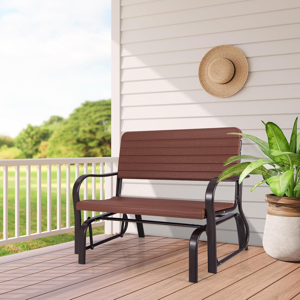 Tangkula Outdoor Glider Bench, Porch Glider Loveseat Swing Bench with w/Steel Frame, 2-Seat Rocking Chair for Porch, Garden, Backyard, Lawn (Coffee)