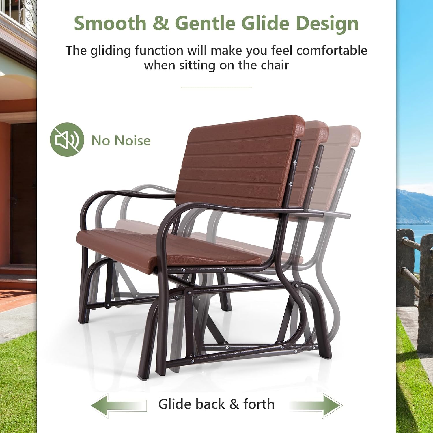 Tangkula Outdoor Glider Bench, Porch Glider Loveseat Swing Bench with w/Steel Frame, 2-Seat Rocking Chair for Porch, Garden, Backyard, Lawn (Coffee)