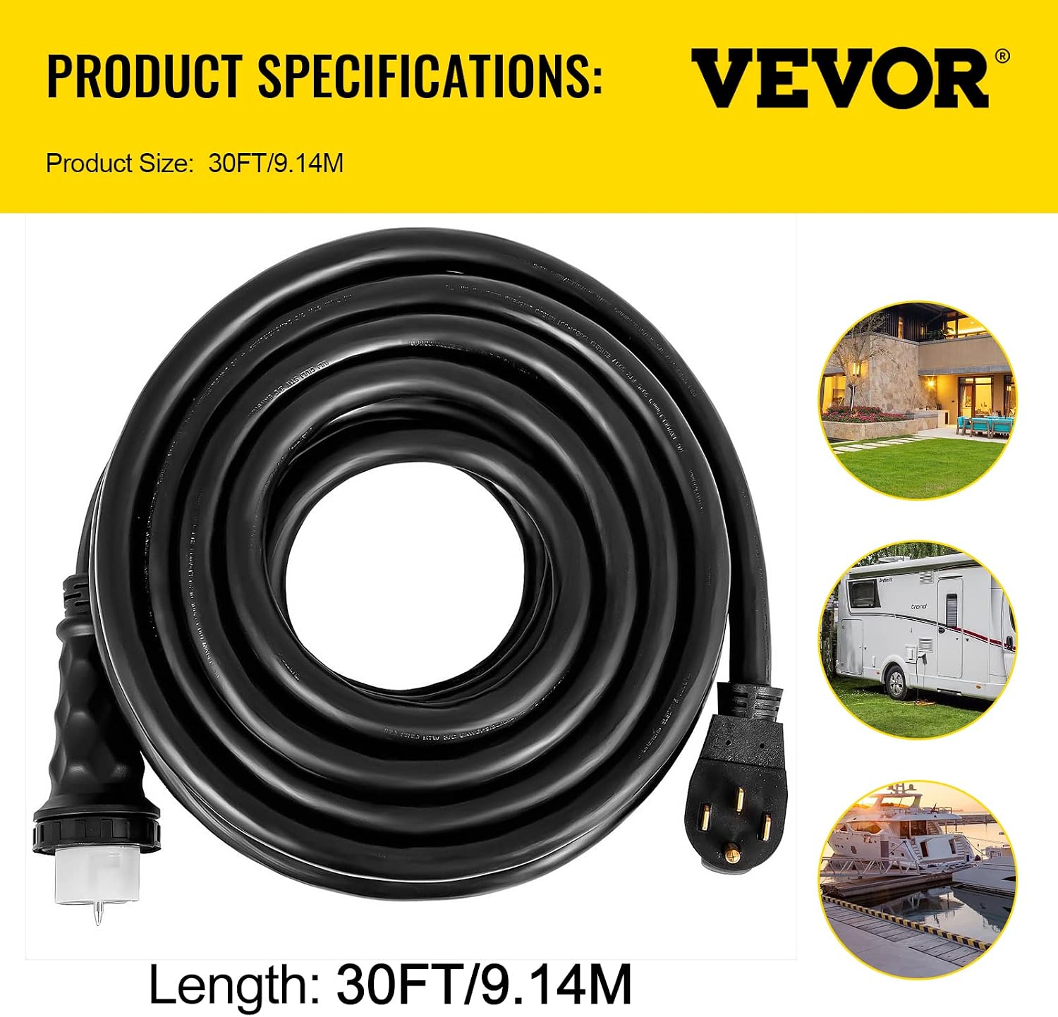 VEVOR 30 FT 50 Amp Generator Extension Cord STW 6/3 + 8/1, 125V 250V Generator Power Cord N14-50P & SS2-50R & CS6364 Twist Lock Connectors