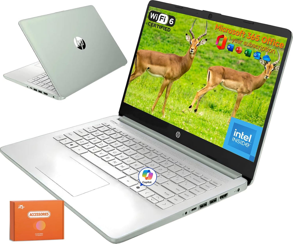 HP 2025 New 14 Inch Laptop for Student Business, Intel N150 CPU, 16GB RAM, 384 GB Storage(128GB UFS+256GB MSD), Wi-Fi 6, Copilot AI, 1 Year Microsoft 365, Windows 11 Pro, Willow Green,W/Mouse