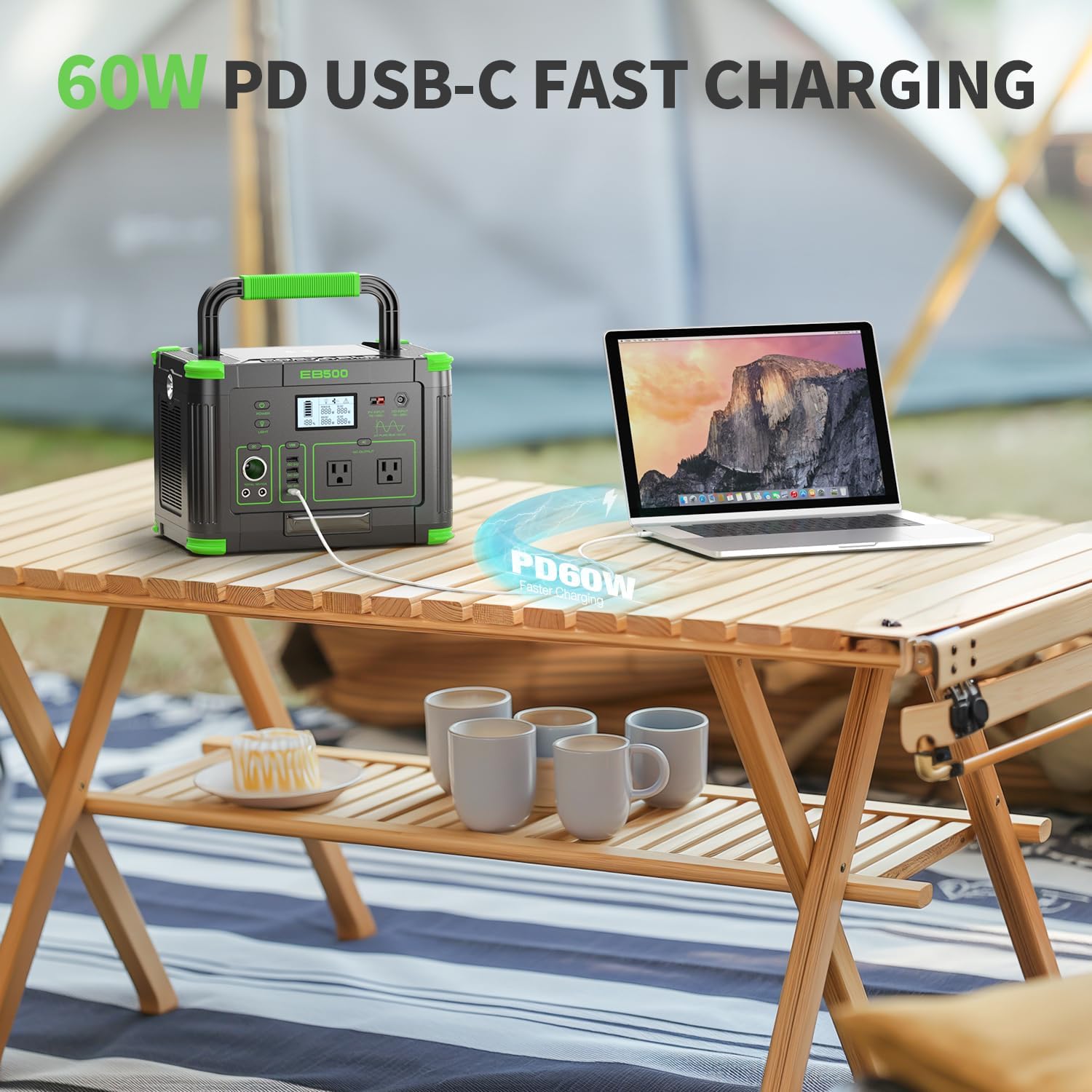 Portable Power Station 500W, 519Wh Solar Generator, 110V Pure Sine Wave AC Outlets, 60W USB-C PD, 10 Ports for Outdoor Camping RV Van, Home Backup Emergency Off-Grid Living,(1000W Peak) Dark Green