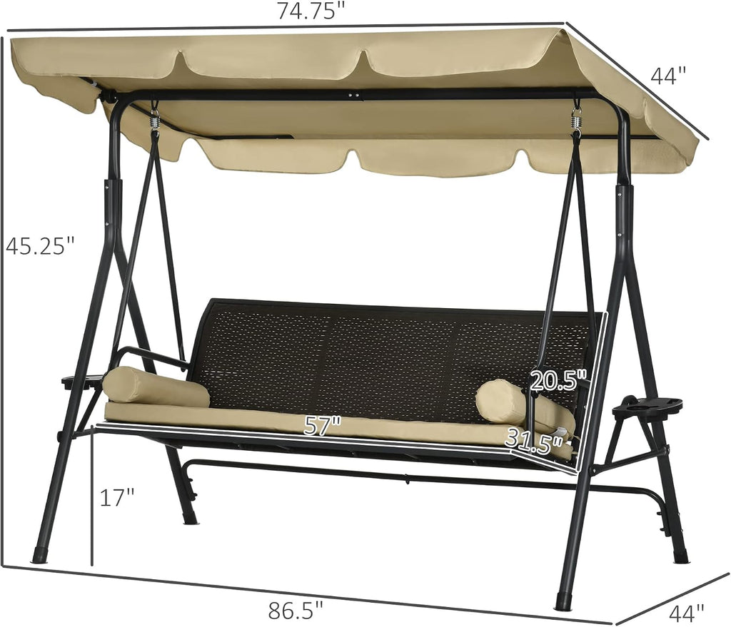 Outsunny 3-Seat Patio Swing Chair, Swing Bench for Outside w/Adjustable Shade, Removable Cushion and Rattan Seat, for Garden, Porch, Backyard, Poolside